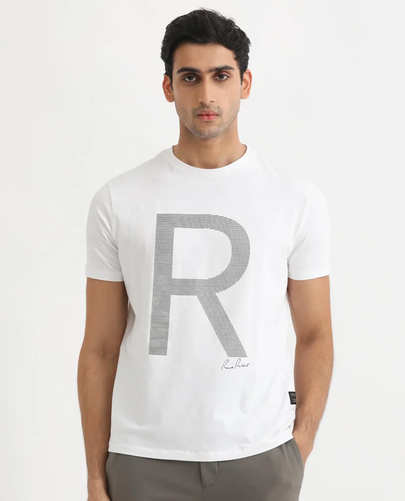 Rare Rabbit Rare Rabbit Men's Radd White Crew Neck Logo Printed Half Sleeves Slim Fit T-Shirt