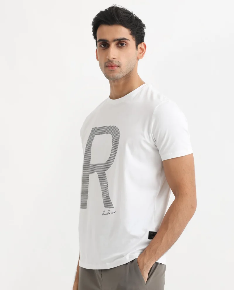 Rare Rabbit Rare Rabbit Men's Radd White Crew Neck Logo Printed Half Sleeves Slim Fit T-Shirt