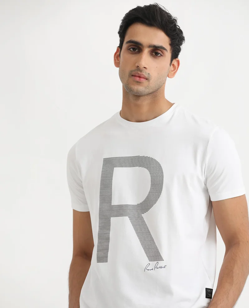 Rare Rabbit Rare Rabbit Men's Radd White Crew Neck Logo Printed Half Sleeves Slim Fit T-Shirt