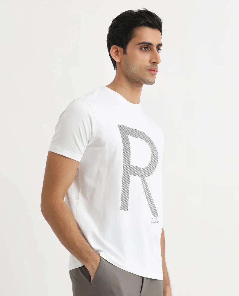 Rare Rabbit Rare Rabbit Men's Radd White Crew Neck Logo Printed Half Sleeves Slim Fit T-Shirt