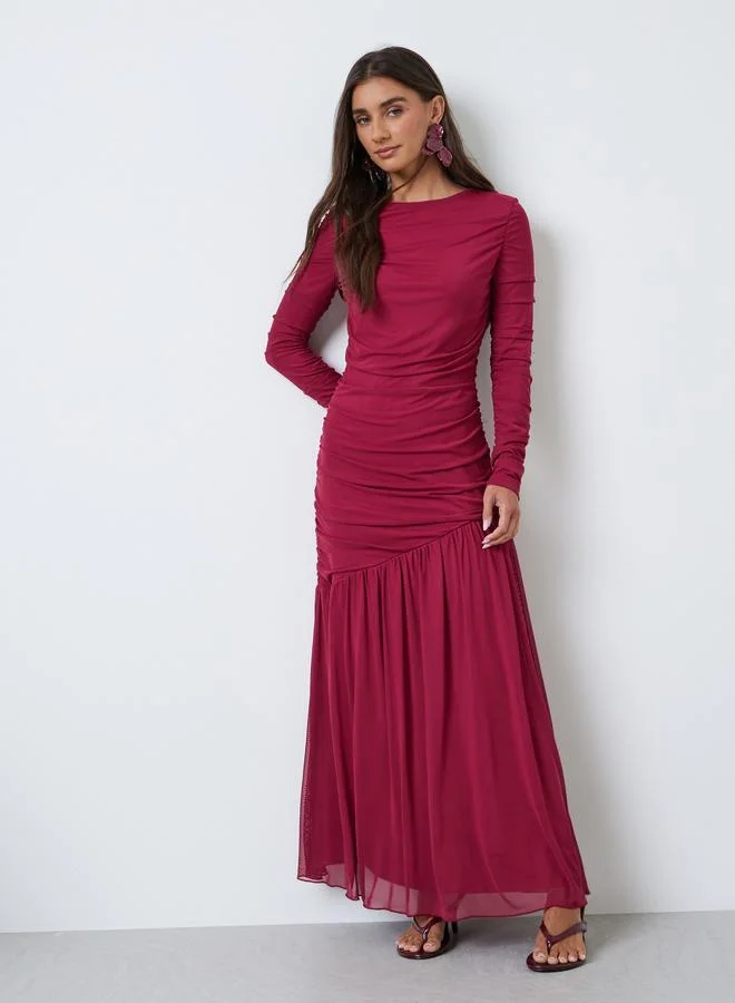 Styli Ruffle Hem Mesh Long Sleeves Bodycon Maxi Dress