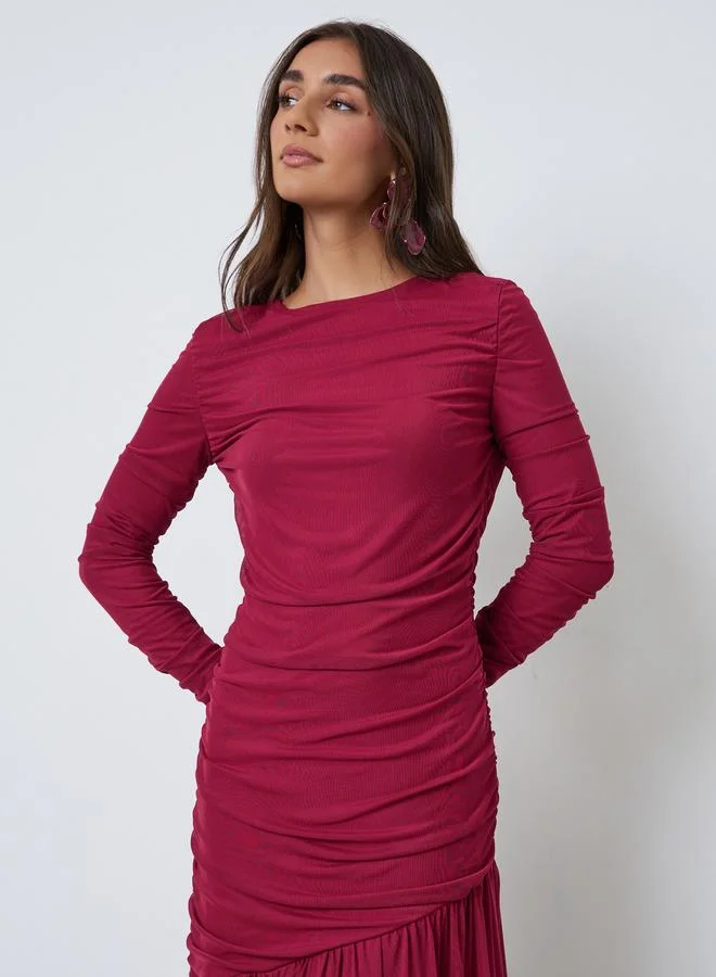 Styli Ruffle Hem Mesh Long Sleeves Bodycon Maxi Dress