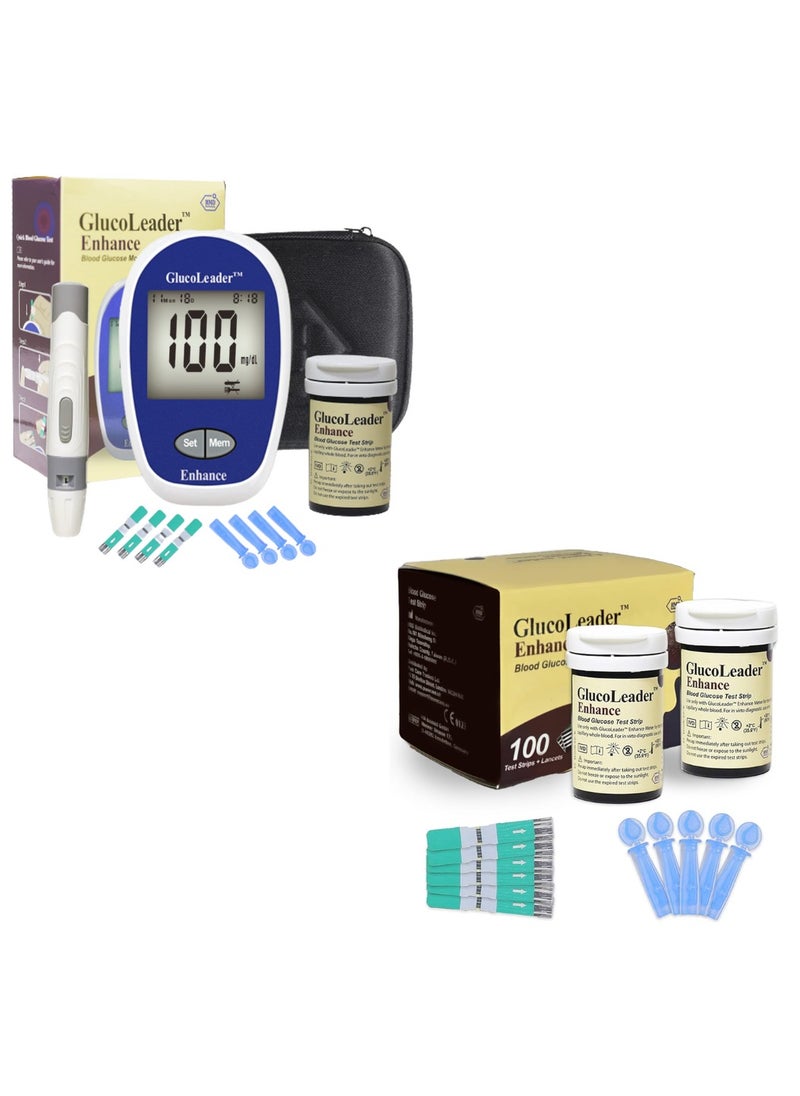 HMD GlucoLeader Enhance Blood Sugar Monitor with 10 + 100 Test Strips and Lancets – 800 Memory Diabetes Testing Kit in mmol/L – CE & ISO Certified UK Blood Glucose Monitor Sugar test Kit (Made In Taiwan)  - Image 1