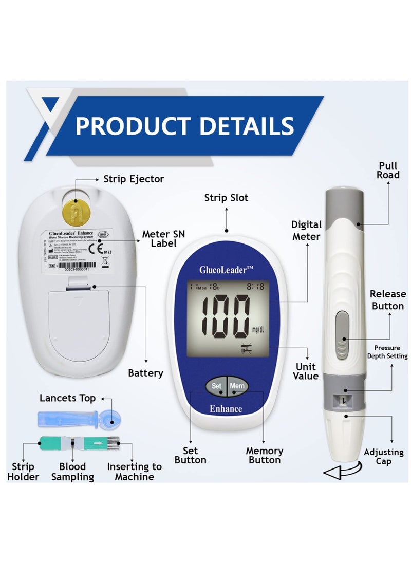 HMD GlucoLeader Enhance Blood Sugar Monitor with 10 + 100 Test Strips and Lancets – 800 Memory Diabetes Testing Kit in mmol/L – CE & ISO Certified UK Blood Glucose Monitor Sugar test Kit (Made In Taiwan)  - Image 2