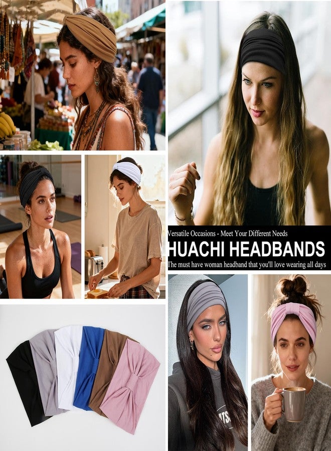 Huachi Headbands for Women, Wide Elastic Head Bands Non Slip, Thick Workout Headband Sweat Bands, Soft Large Knotted Hair Band Turban Headwraps for Washing Face, Makeup, Sport, Running(Pack of 6) - Image 4