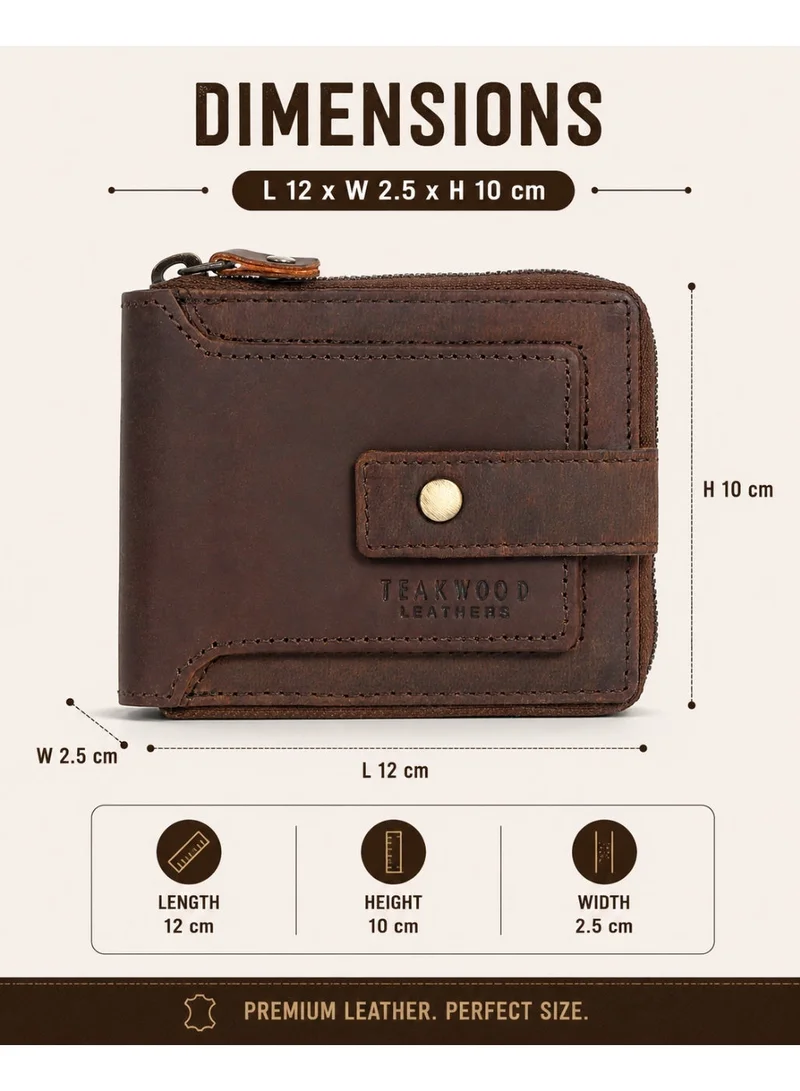 TEAKWOOD Teakwood Leather Genuine Leather Zip Around Wallet for Men | Brown Wallet | Zipper Closure + Button Flap | 2 Main Compartments | 5 Card Slots | Zip Coin Pocket | Compact Durable Premium Wallet