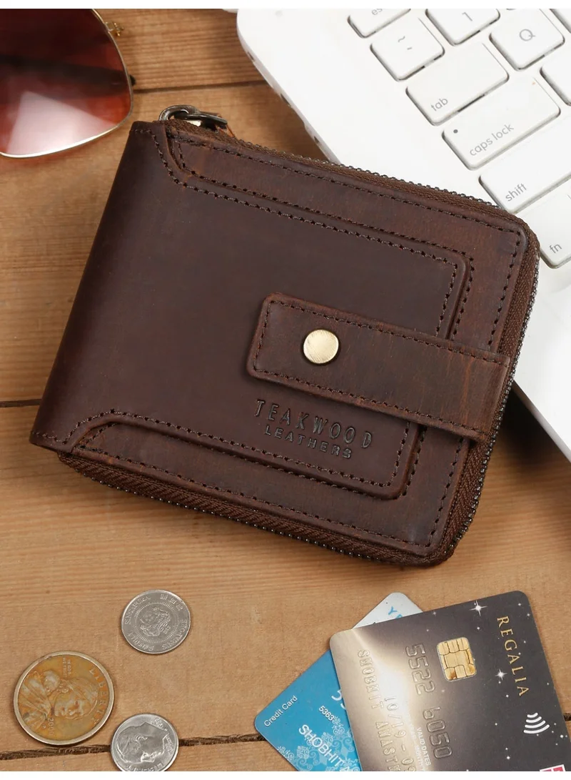 TEAKWOOD Teakwood Leather Genuine Leather Zip Around Wallet for Men | Brown Wallet | Zipper Closure + Button Flap | 2 Main Compartments | 5 Card Slots | Zip Coin Pocket | Compact Durable Premium Wallet