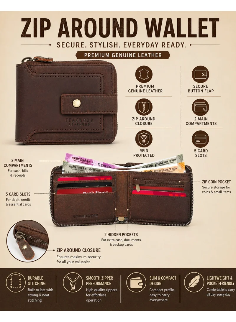 TEAKWOOD Teakwood Leather Genuine Leather Zip Around Wallet for Men | Brown Wallet | Zipper Closure + Button Flap | 2 Main Compartments | 5 Card Slots | Zip Coin Pocket | Compact Durable Premium Wallet