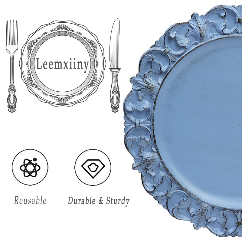 Leemxiiny 13" Antique Blue Charger Plates, Set of 6 Plastic Textured Chargers for Dinner Plates with Embossed Rim, Table DÃ©cor, Party, Wedding, Holiday - Image 4