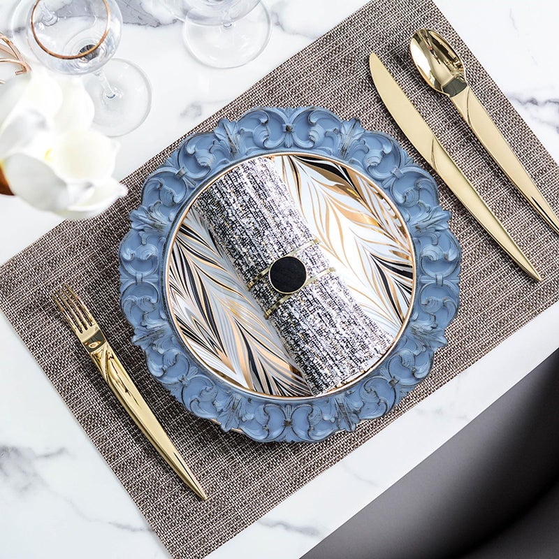 Leemxiiny 13" Antique Blue Charger Plates, Set of 6 Plastic Textured Chargers for Dinner Plates with Embossed Rim, Table DÃ©cor, Party, Wedding, Holiday - Image 2