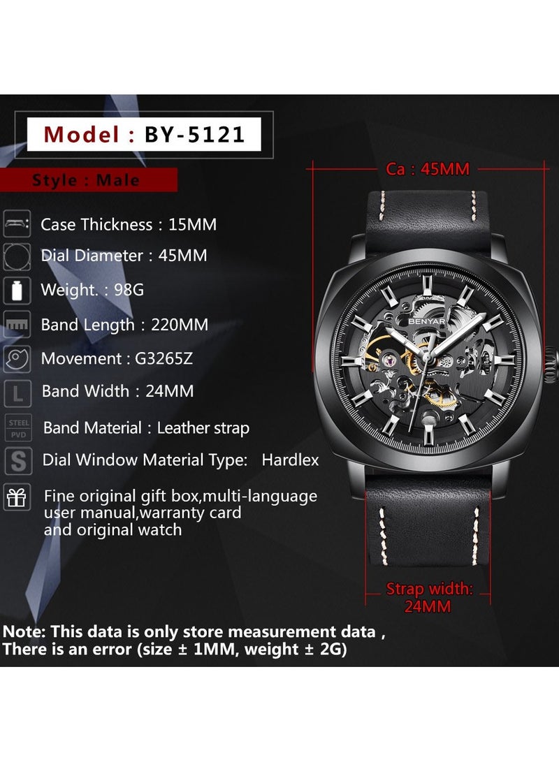 Watches for Men Luxury Leather Luminous Water Resistant Automatic Mechanical Wristwatch