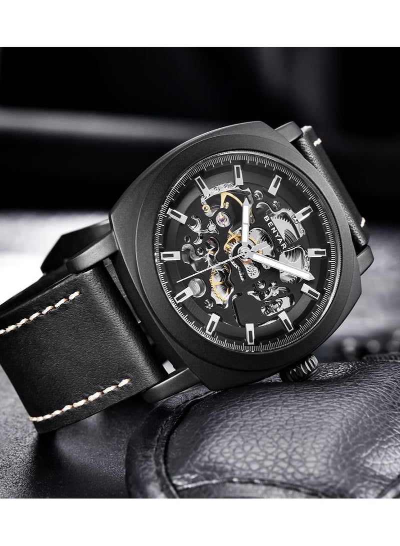 Watches for Men Luxury Leather Luminous Water Resistant Automatic Mechanical Wristwatch