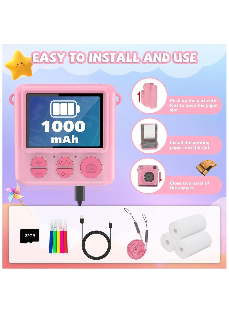 Hicomony Instant Print Camera for Kids,Instant Camera for Girls Boys,Kids Camera Toys for Toddler 1080P HD Selfie Digital Camera with Print Paper & 32G Card,Birthday Gifts for Age 3-12 Years Old Pink - Image 4