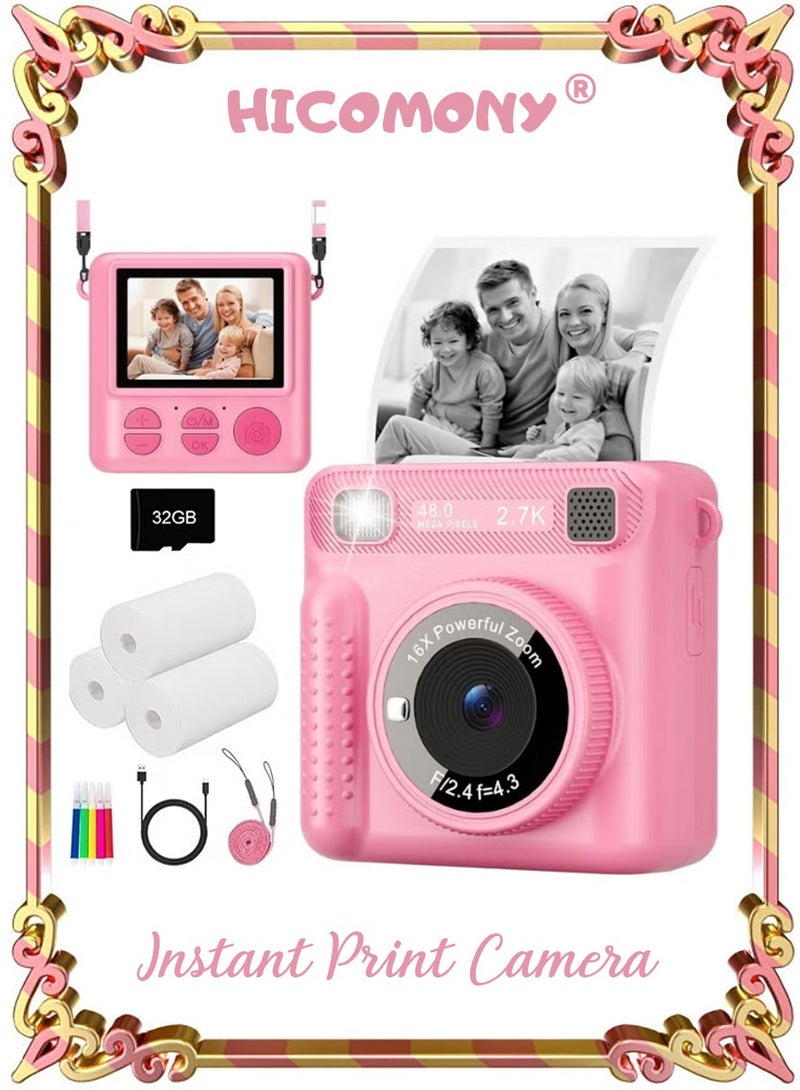 Hicomony Instant Print Camera for Kids,Instant Camera for Girls Boys,Kids Camera Toys for Toddler 1080P HD Selfie Digital Camera with Print Paper & 32G Card,Birthday Gifts for Age 3-12 Years Old Pink - Image 1