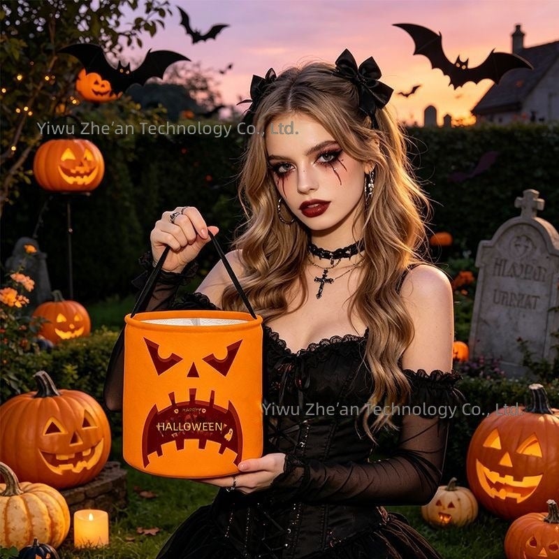 Ze An Halloween Candy Bucket with Pumpkin Ghost Design, LED Light-Up Trick-or-Treat Bag for Children's Day - Image 4