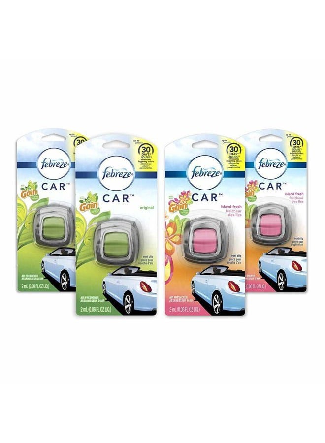 febreze Car Air Freshener, 2 Gain Original and 2 Gain Island Fresh Scents, Odor Eliminator for Strong Odors (4 Count) - Image 1
