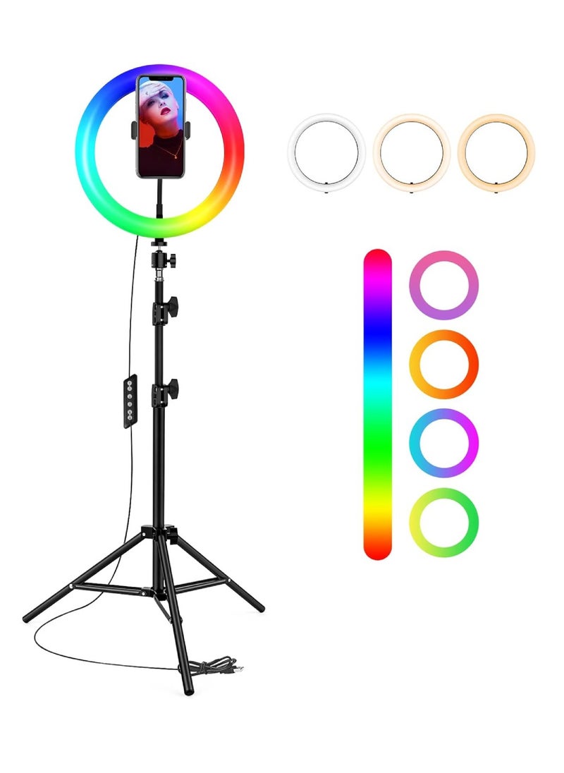 Digi Core ضوء حلقة RGB 16 بوصة مع حامل ثلاثي القوائم بارتفاع 2.1 متر ضوء سيلفي RGB وحامل هاتف 360 درجة للبث المباشر على يوتيوب وإنستجرام وتيك توك  - Image 1