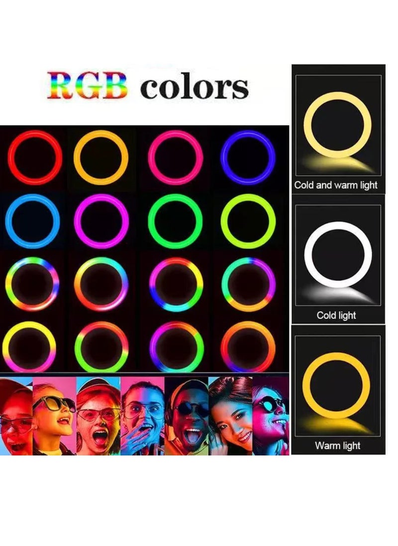 ضوء حلقة RGB 16 بوصة مع حامل ثلاثي القوائم بارتفاع 2.1 متر ضوء سيلفي RGB وحامل هاتف 360 درجة للبث المباشر على يوتيوب وإنستجرام وتيك توك