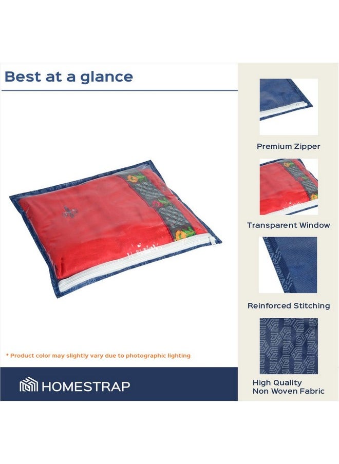 HomeStrap HomeStrap Non Woven Set Of 10 Printed Single Saree Cover/Clothes Storage Bags/Wardrobe Organiser With Transparent Top (Navy Blue1 Cm, 36 Cm)  - Image 3