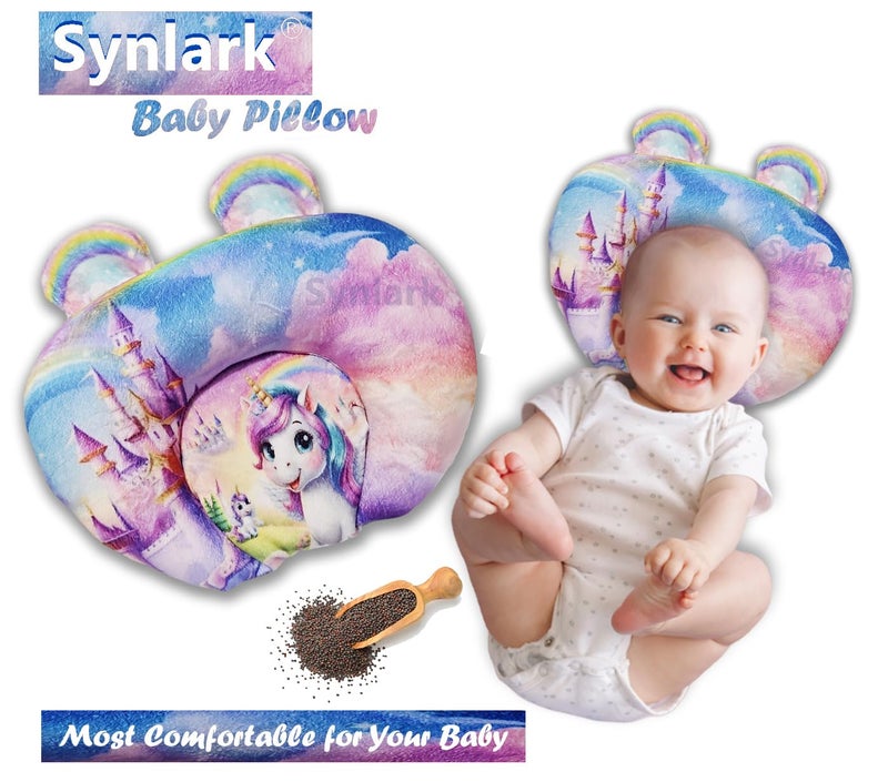 Synlark® Rai Baby Mustard Seed Pillow with Supersoft Fur Fabric | 0-18 Months Kids Pillow | Cartoon Prints | Infant Pillow for Sleep Bed Set | Head Shaping & Neck Support Cushion (Multicolor-Unicorn) - Image 3
