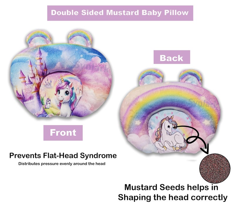 Synlark® Rai Baby Mustard Seed Pillow with Supersoft Fur Fabric | 0-18 Months Kids Pillow | Cartoon Prints | Infant Pillow for Sleep Bed Set | Head Shaping & Neck Support Cushion (Multicolor-Unicorn) - Image 2