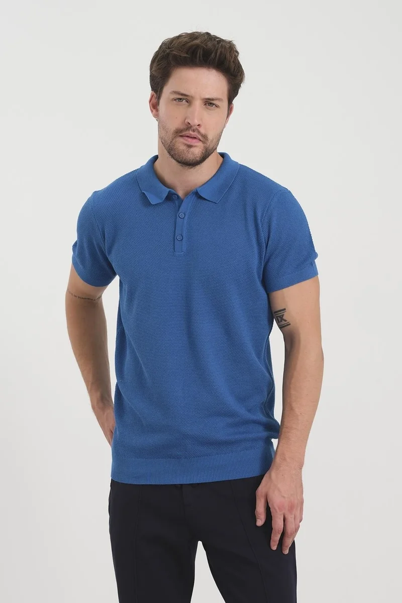 اوديلون Men's Polo Neck Jacquard Knitwear T-Shirt Blue