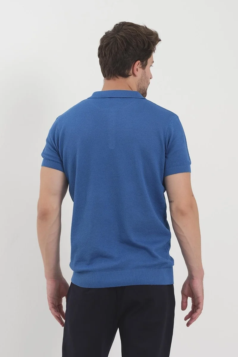 اوديلون Men's Polo Neck Jacquard Knitwear T-Shirt Blue