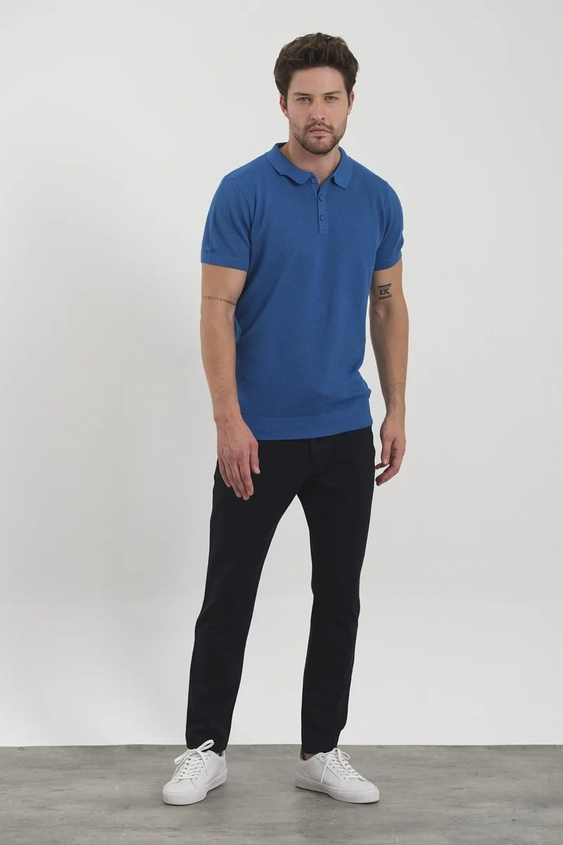 اوديلون Men's Polo Neck Jacquard Knitwear T-Shirt Blue