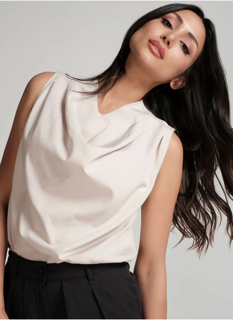 Zigzag Beige Cowl Neck Top With Shoulder Pleats