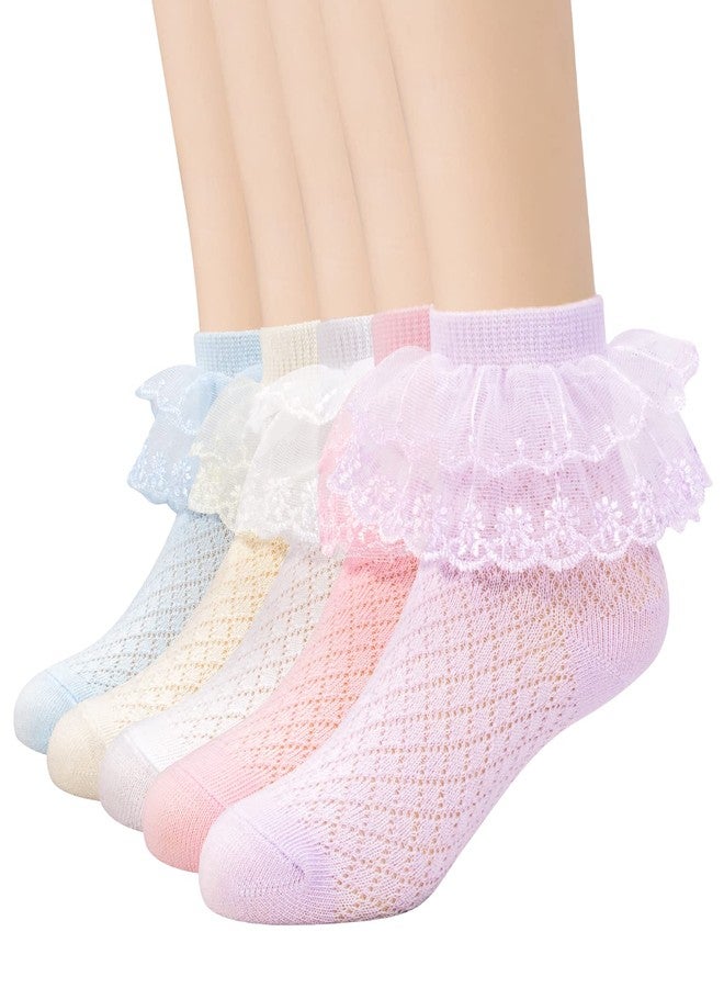 Looching 5 Pairs Toddler Baby Girls Ruffle Lace Trim Socks Eyelet Mesh Cotton Frilly Ankle Soft Dress Socks Kids Princess Socks 2-13T - Image 1