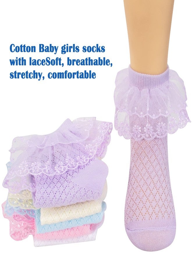Looching 5 Pairs Toddler Baby Girls Ruffle Lace Trim Socks Eyelet Mesh Cotton Frilly Ankle Soft Dress Socks Kids Princess Socks 2-13T - Image 3