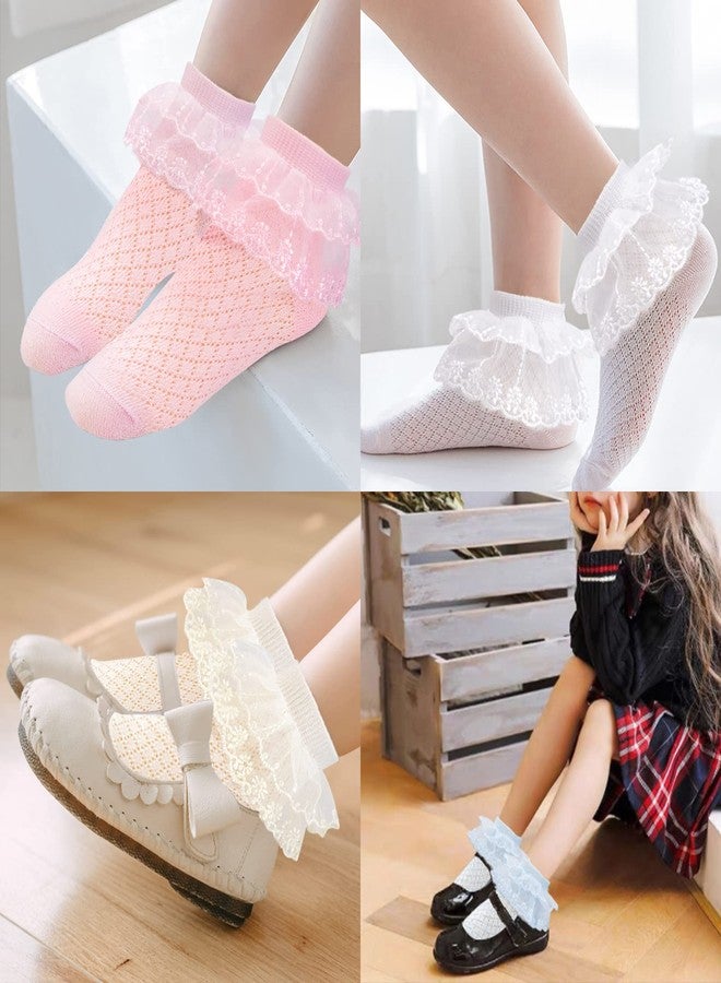 Looching 5 Pairs Toddler Baby Girls Ruffle Lace Trim Socks Eyelet Mesh Cotton Frilly Ankle Soft Dress Socks Kids Princess Socks 2-13T - Image 2