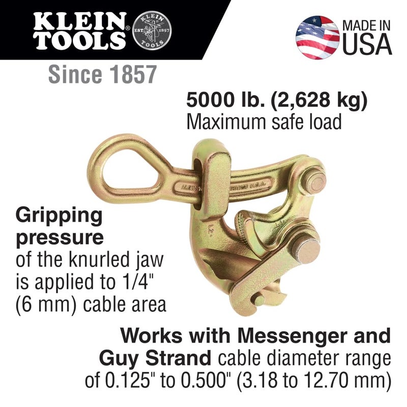 كلاين تولز Klein Tools 1604-20 Haven's Grip لكابل Messenger وGay Strand مصنوع في الولايات المتحدة الأمريكية، ذهبي، قطر الكابل 0.125 بوصة إلى 0.50 بوصة - Image 2