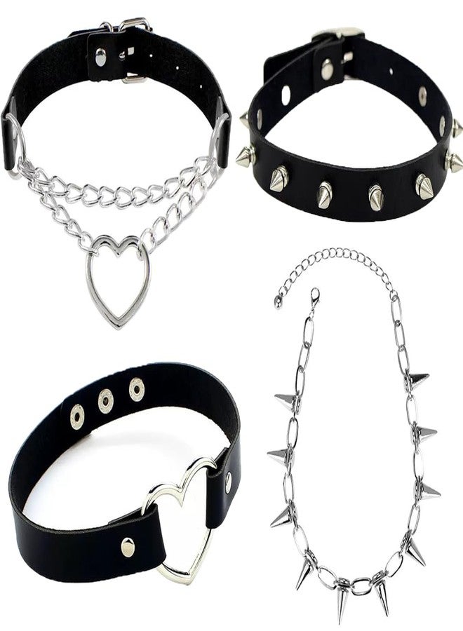 BaBakiak Gothic Punk Leather Choker Necklace Set, Black Faux Leather with Silver Alloy Chain, 4 Piece Collection with Spikes and Heart Pendant - Image 1