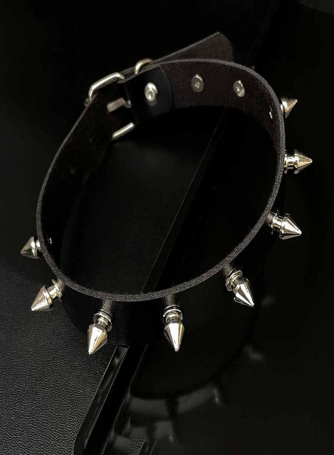 BaBakiak Gothic Punk Leather Choker Necklace Set, Black Faux Leather with Silver Alloy Chain, 4 Piece Collection with Spikes and Heart Pendant - Image 4