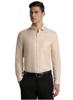 Peter England Peter England Men's Solid Textured Slim Fit Premium 100% Cotton Formal Shirt Premium Twill Weave with 2-Ply Cotton Beige  - Image 1