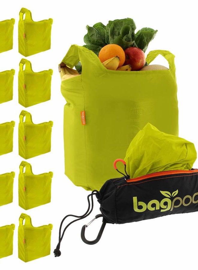 bagpodz Sturdy Reusable Grocery Bags Foldable and Washable - Made From RipStop Nylon Hold 50lbs - Designed in USA Reusable Shopping Bags Inside a Compact Pod with Carry Clip - 10 Pack in Green - Image 1