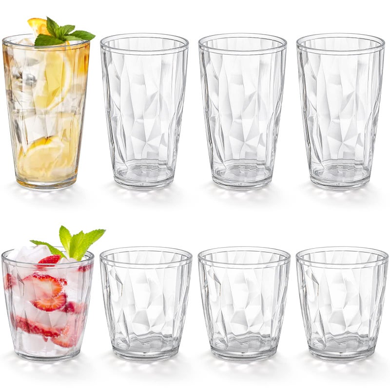 Hedume Set of 8 Plastic Water Tumblers 4 Pack 500ml and 4 Pack 300ml Transparent Unbreakable Drinking Glasses Clear Acrylic Reusable Juice Wine Cups Stackable for Home Picnic Party