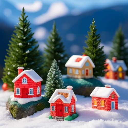 VAYINATO 4 Pcs Christmas Village Resin Miniature House Figurines – Potted Snow House Collectible Decor for Home, Thanksgiving & Christmas Tabletop, Fairy Garden Micro Landscape - Image 1