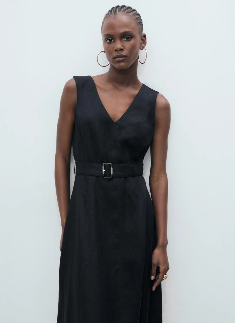 MANGO Flared linen dress with belt