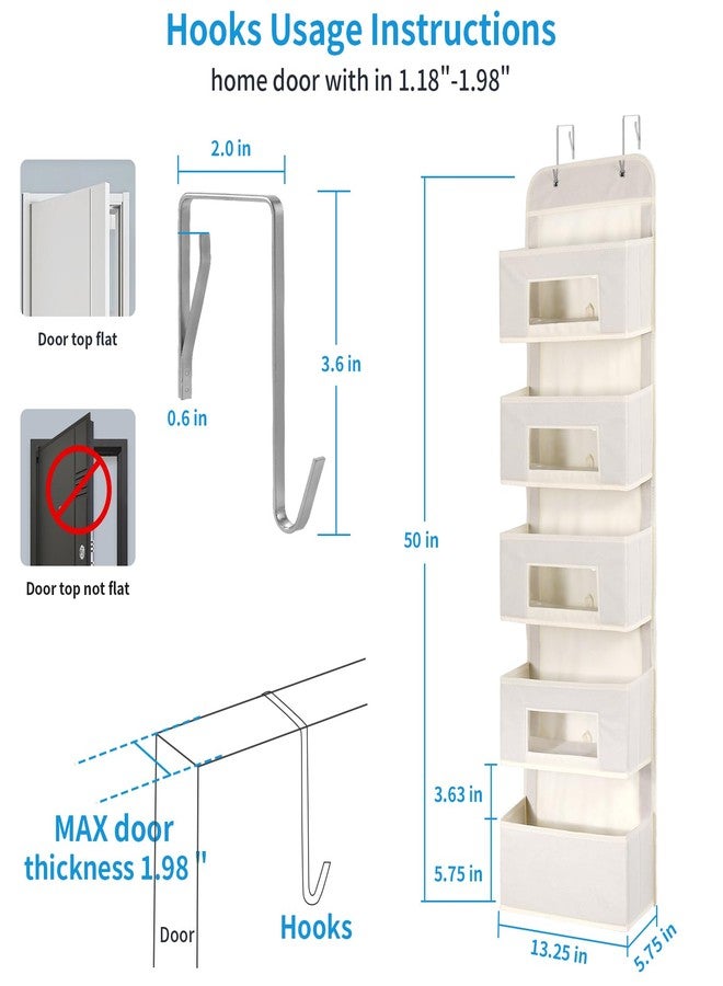 MAX Houser 5-Shelf Over The Door Hanging Organizer with 2 Metal Hooks，5 Pocket Over The Door Wall Mount Storage with Clear Windows for Baby Nursery Bathroom Closet,Bedroom,Dorm, Diapers,Kids Toys (Beige-2 Pack) - Image 2