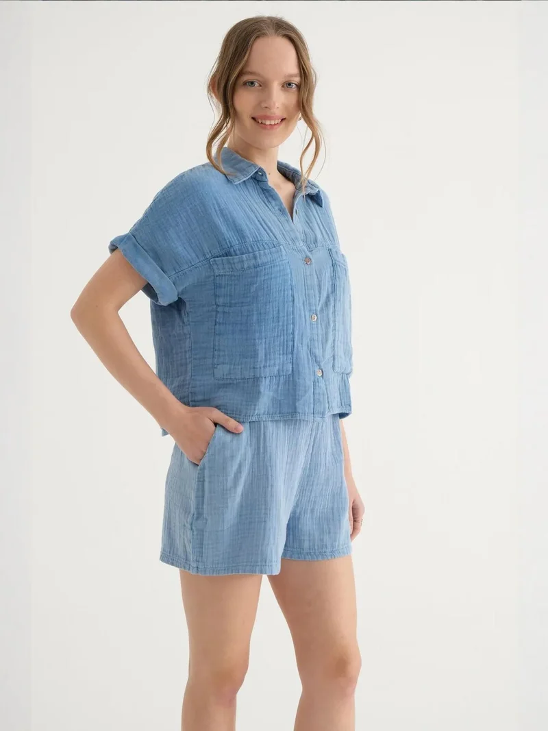 HICCUP Short Sleeve Cropped Shirt with a Pocket Detail