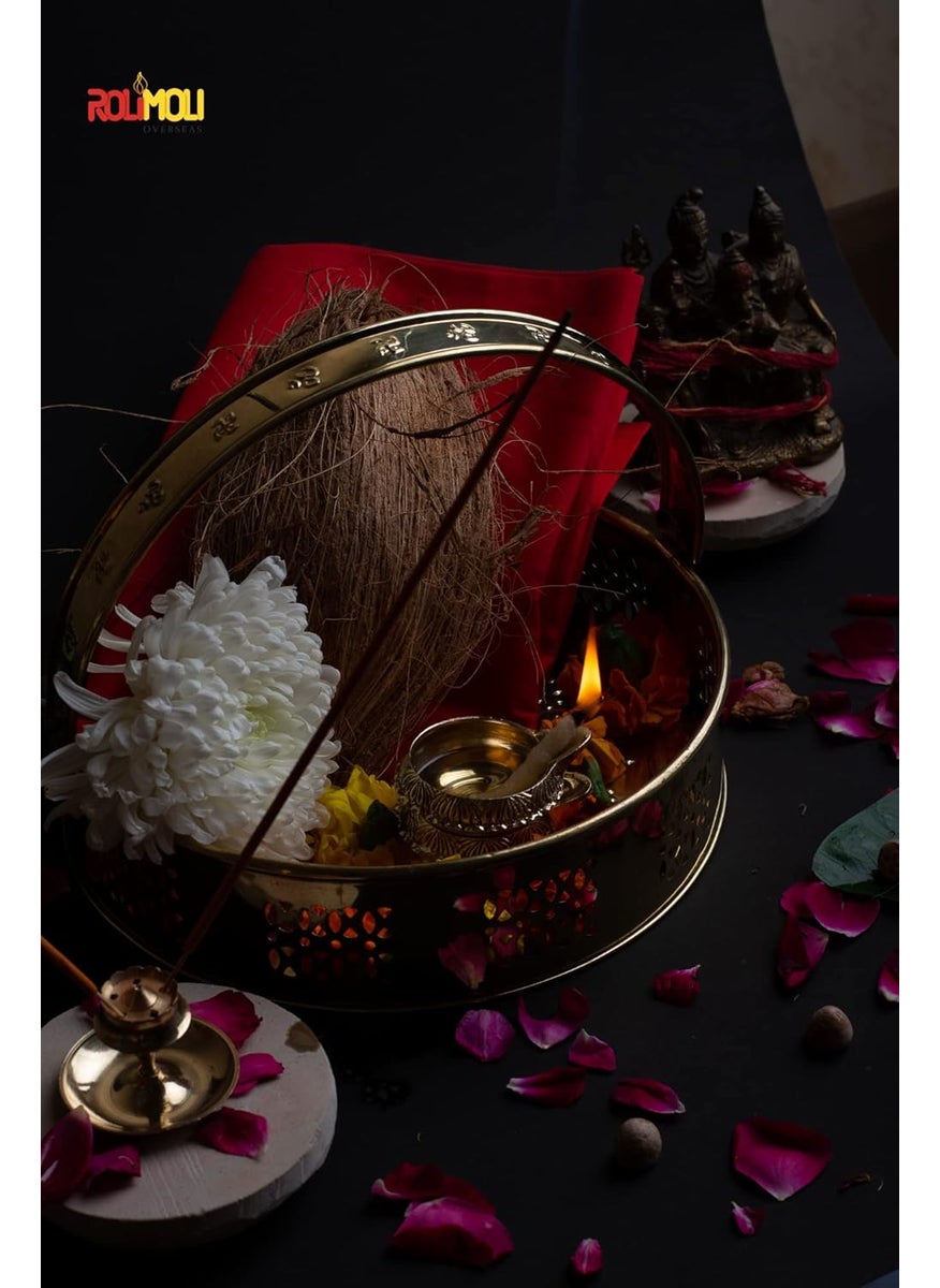 ROLIMOLI ROLIMOLI Pure Brass traditional design Laxmi Basket Round Shape Basket for pooja essential Diameter (20cm)  - Image 5