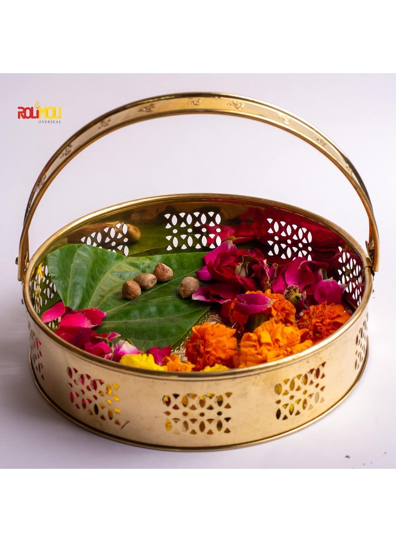 ROLIMOLI ROLIMOLI Pure Brass traditional design Laxmi Basket Round Shape Basket for pooja essential Diameter (20cm)  - Image 4