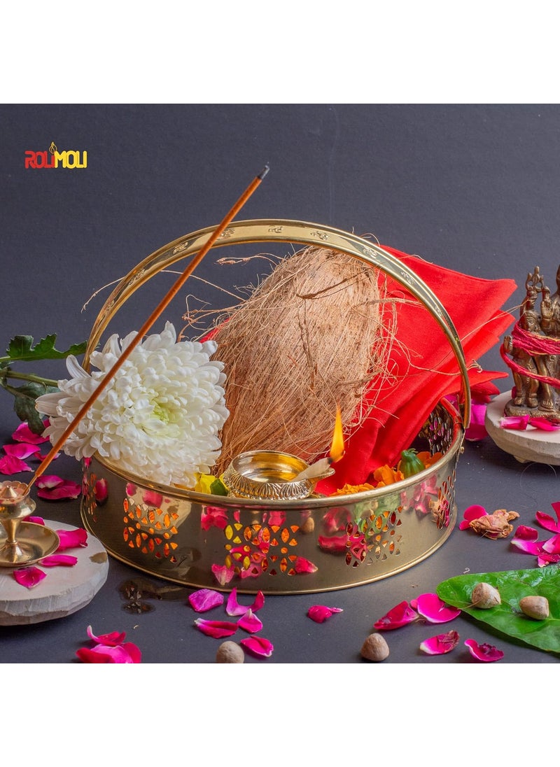 ROLIMOLI ROLIMOLI Pure Brass traditional design Laxmi Basket Round Shape Basket for pooja essential Diameter (20cm)  - Image 2
