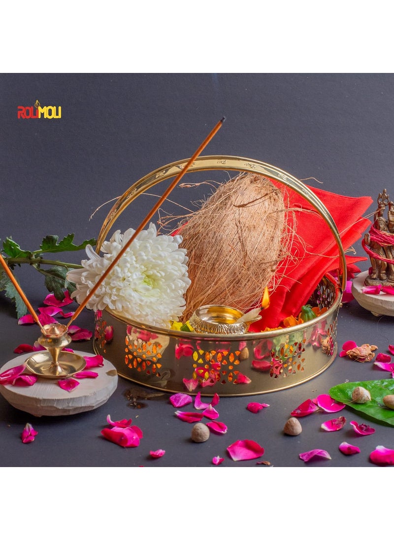 ROLIMOLI ROLIMOLI Pure Brass traditional design Laxmi Basket Round Shape Basket for pooja essential Diameter (20cm)  - Image 3
