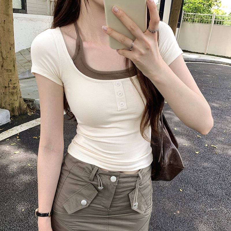 Real Photograph Hanging Neck Tie Square Collar Fake Two-piece Slim-fit Short-sleeved Womens Autumn 2024 New Design Niche Short Top Brown - Image 2