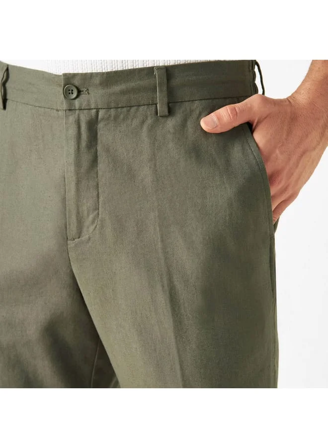 Iconic Iconic Solid Linen Blend Trousers with Pockets and Button Closure