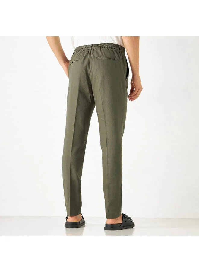 Iconic Iconic Solid Linen Blend Trousers with Pockets and Button Closure