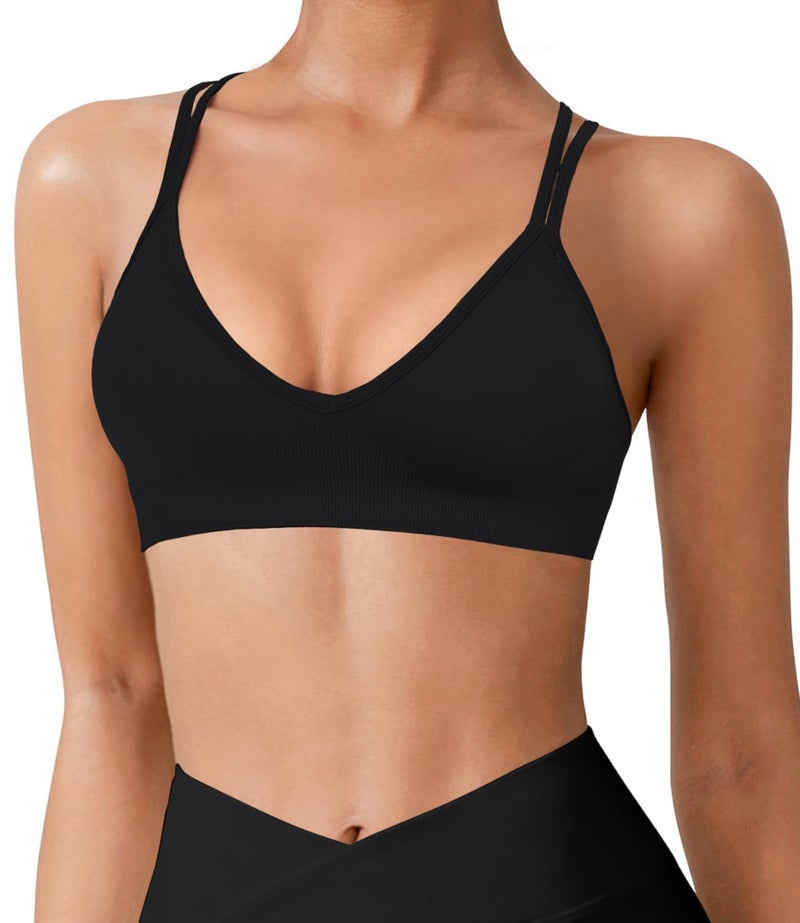 VEQKING VEQING 3 Pack Women's Seamless Sports Bra - Deep V Neck Wirefree Yoga Bras with Removable Pads, Crisscross Strappy Back Comfortable Low Impact Workout Bralette for Small Chests, Daily Wear - Image 2